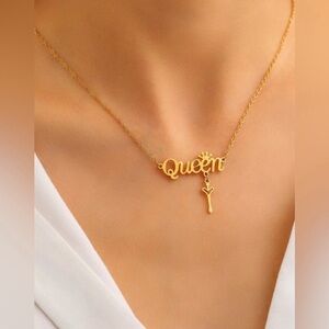 Gold Plated Stainless Steel “Queen” Name Necklace Crown Pendant